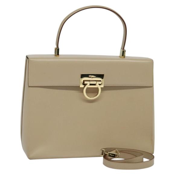 Salvatore Ferragamo Gancini Hand Bag Leather 2way Beige Gold Auth 125026